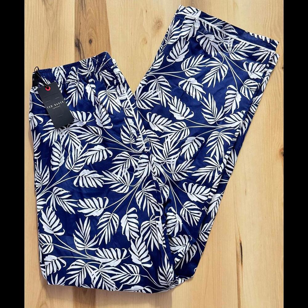 *No Tags* Ted Baker Navy Blue and White Leaf Print Trousers
